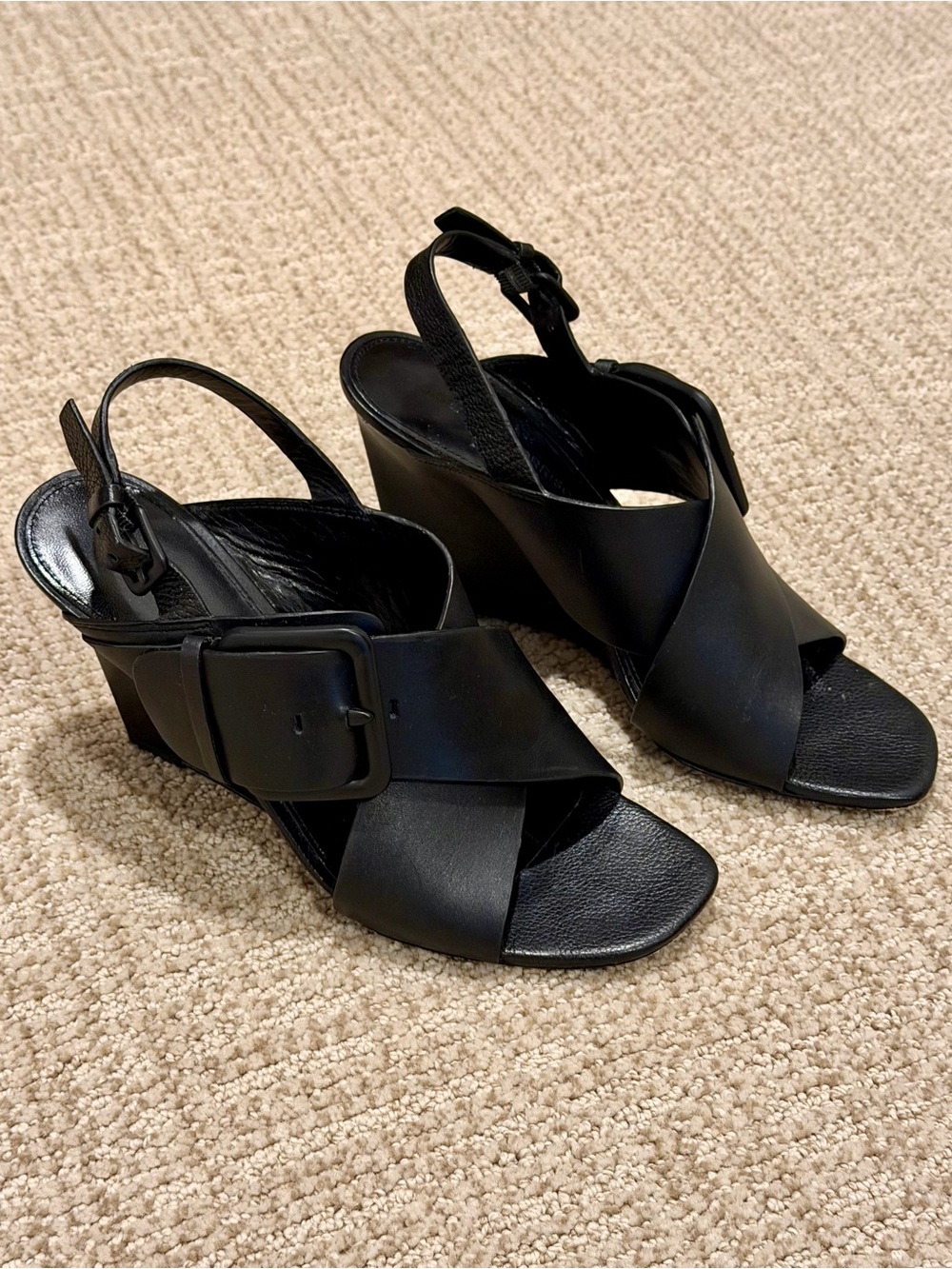 SIGERSON MORRISON Black Leather Crisscross Wedge Sandals with Large Buckle